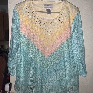Alfred Dunner Yellow Peach Teal Scoop Neck Blouse with Stud Accents